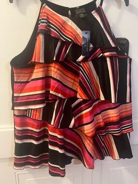 Worthington Black Halter Ruffle Blouse with Pink and Orange Stripes